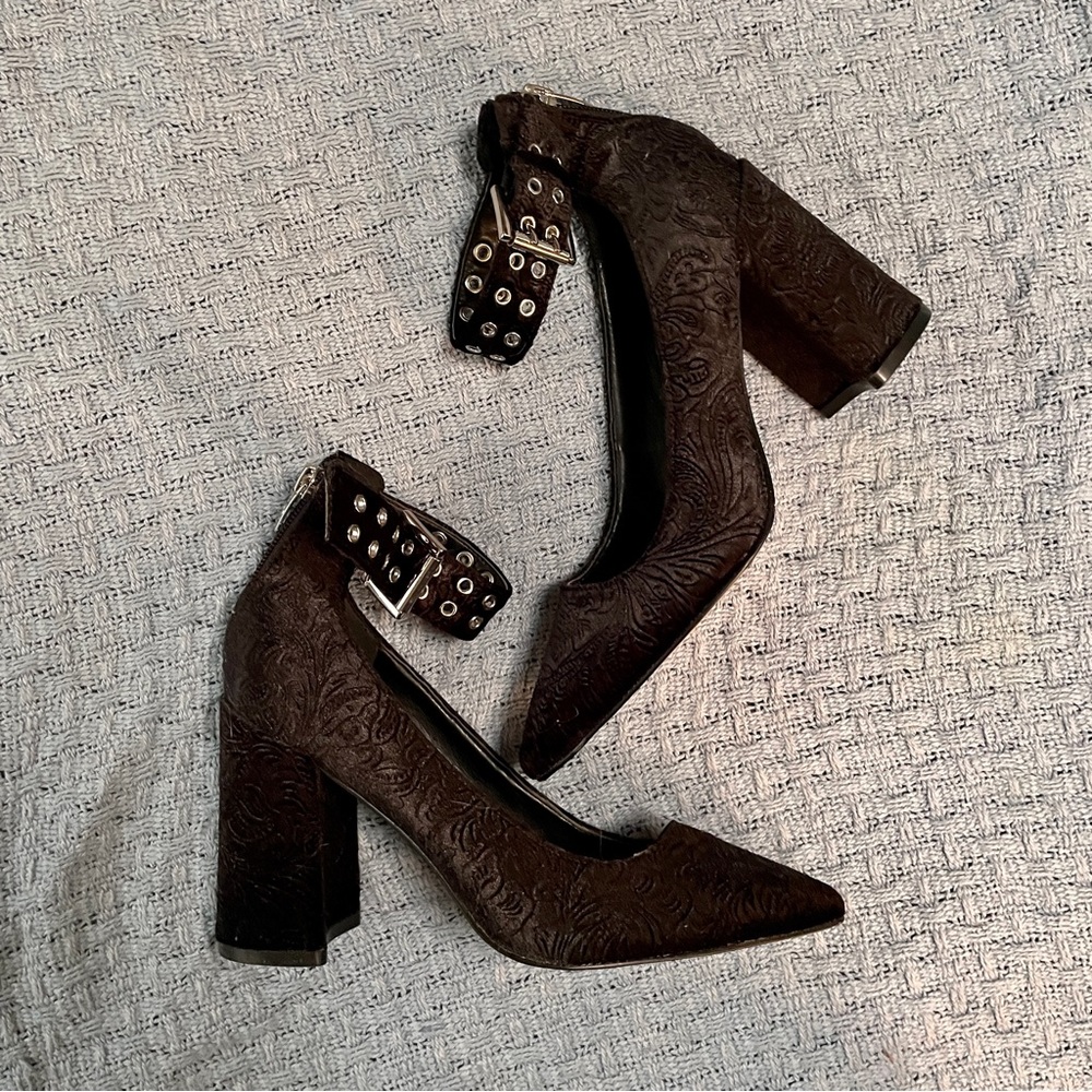 Marc Fisher Floral Velvet Ankle Strap Block Heels